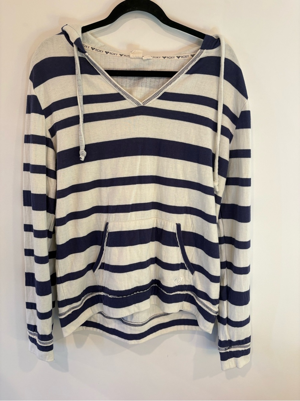 Roxy Navy & White Striped V-Neck Hoodie Sweater